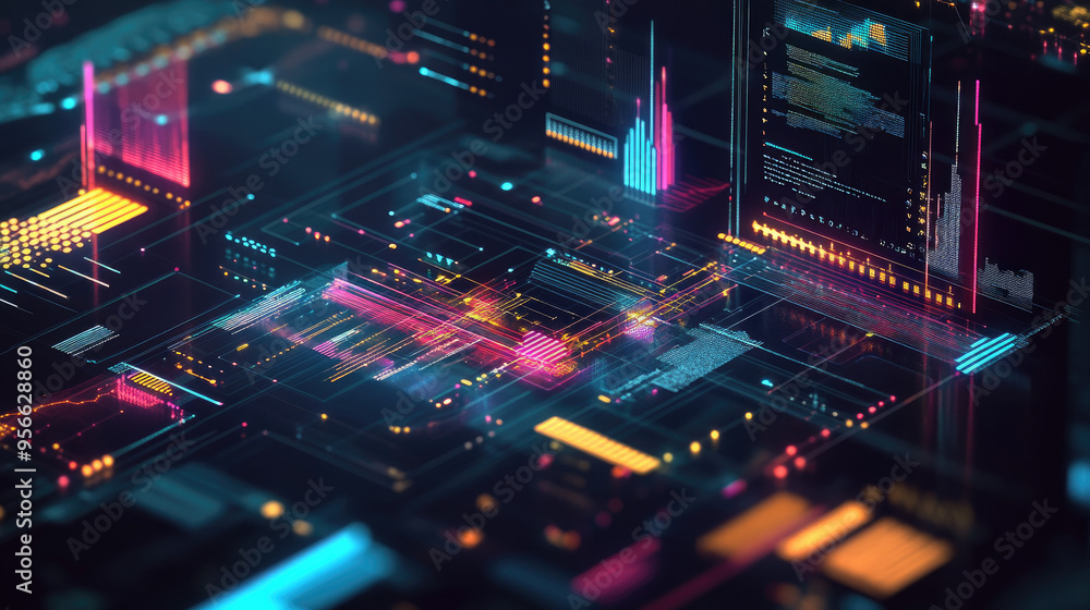 Poster digital illustration of business automation processes, with sleek graphs for distribution and consum