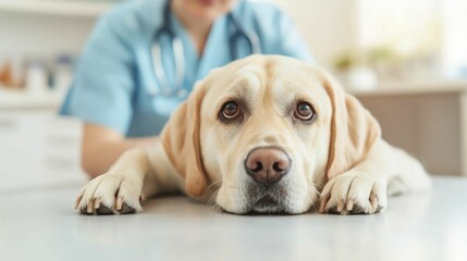 Veterinarian Carefully Examining a Dog Patient on an Exam Table in a Veterinary Clinic or Hospital Setting Providing Routine Health Check and Care Services for the Animal s Well Being