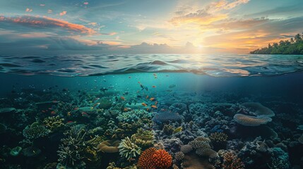 Naklejka premium Illustration of Clean Ocean vs. Polluted Ocean with Marine Life and Plastic Waste