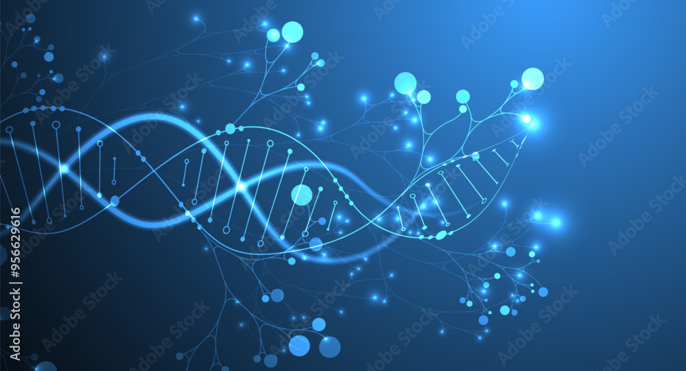 Poster Scientific medical background with abstract image of dna molecule and tree branches. Neon glow effects and gradient. Hand drawn vector illustration.