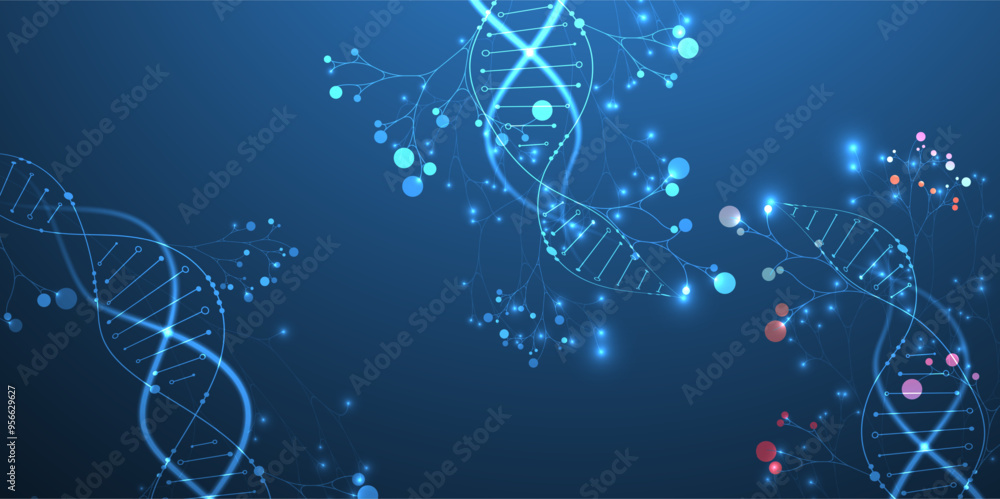 Poster Scientific medical background with abstract image of dna molecule and tree branches. Neon glow effects and gradient. Hand drawn vector illustration.