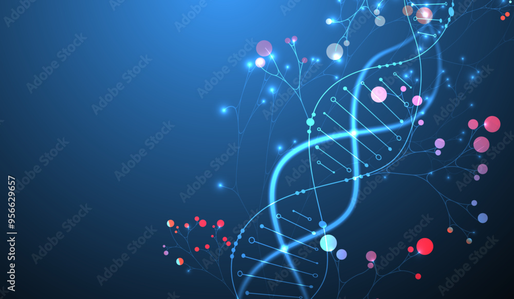 Poster Scientific medical background with abstract image of dna molecule and tree branches. Neon glow effects and gradient. Hand drawn vector illustration.