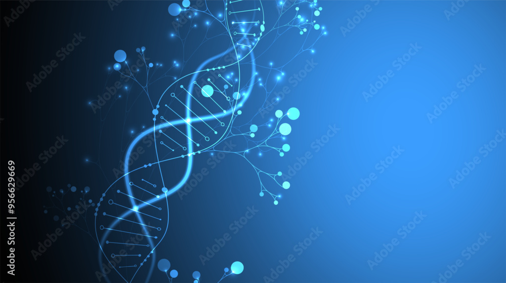 Poster Scientific medical background with abstract image of dna molecule and tree branches. Neon glow effects and gradient. Hand drawn vector illustration.