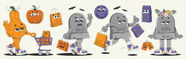 Cartoon Halloween sale stickers. Retro groovy labels for shopping, gifts, discounts. Pumpkin and tombstone characters making purchases. Vector set isolated background