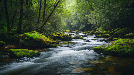 Obraz premium Forest river with moss-covered rocks and overhanging trees, the water flowing gently downstream