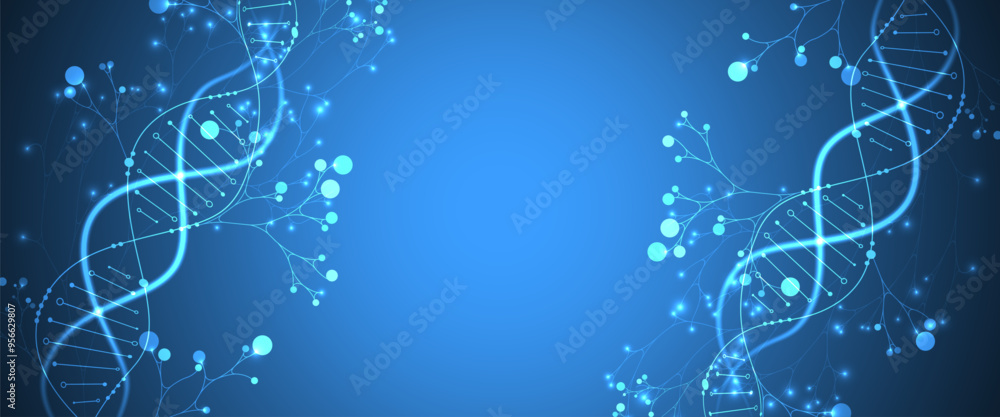 Poster Scientific medical background with abstract image of dna molecule and tree branches. Neon glow effects and gradient. Hand drawn vector illustration.
