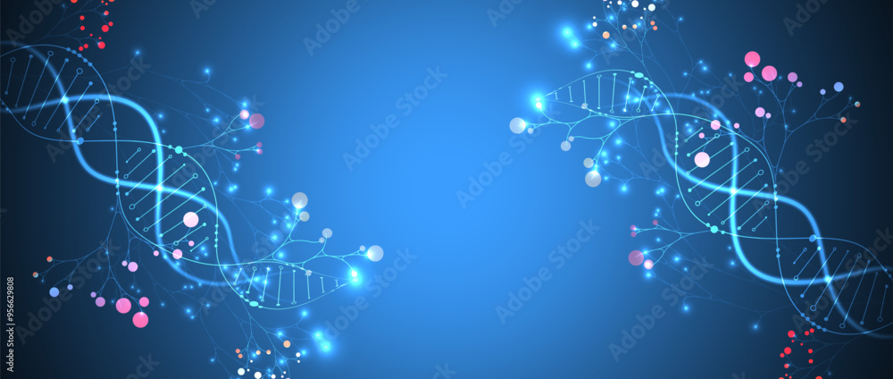 Poster Scientific medical background with abstract image of dna molecule and tree branches. Neon glow effects and gradient. Hand drawn vector illustration.