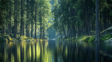 Forest riverbank with tall trees reflecting in the calm, flowing water