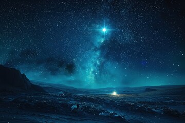 Nativity Scene Under Star-Filled Sky with Bright Star of Bethlehem

