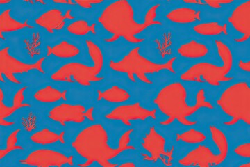 Azure Blue Coral Red Halftone Marine Life Silhouettes Digital Backgrounds