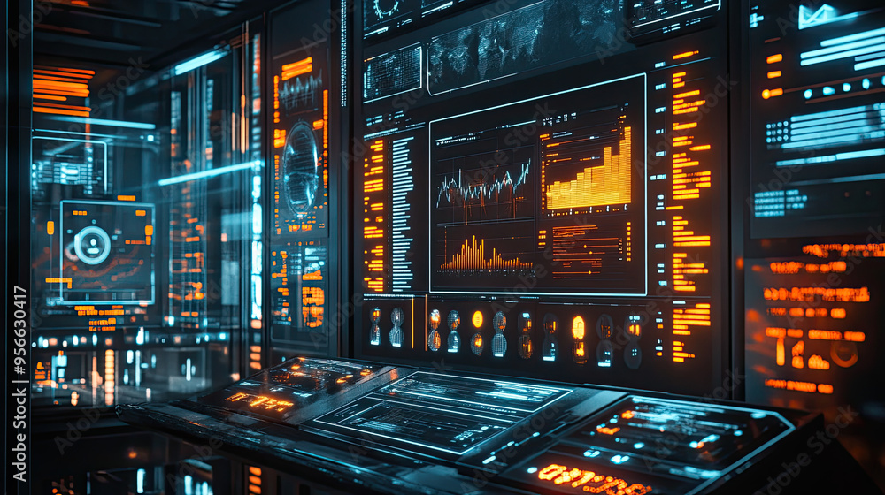 Poster futuristic concept of business process automation with graphs for monitoring distribution and consum
