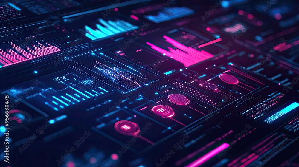 Poster futuristic concept of business process automation with graphs for monitoring distribution and consum