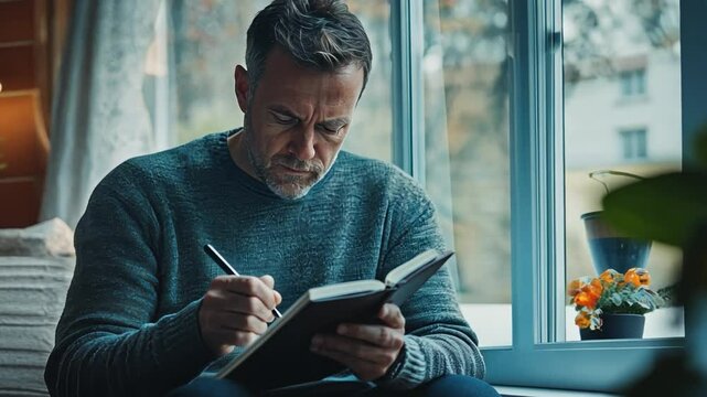 A man journaling his thoughts by a window, capturing the essence of emotional reflection and personal growth in a calm, introspective setting.