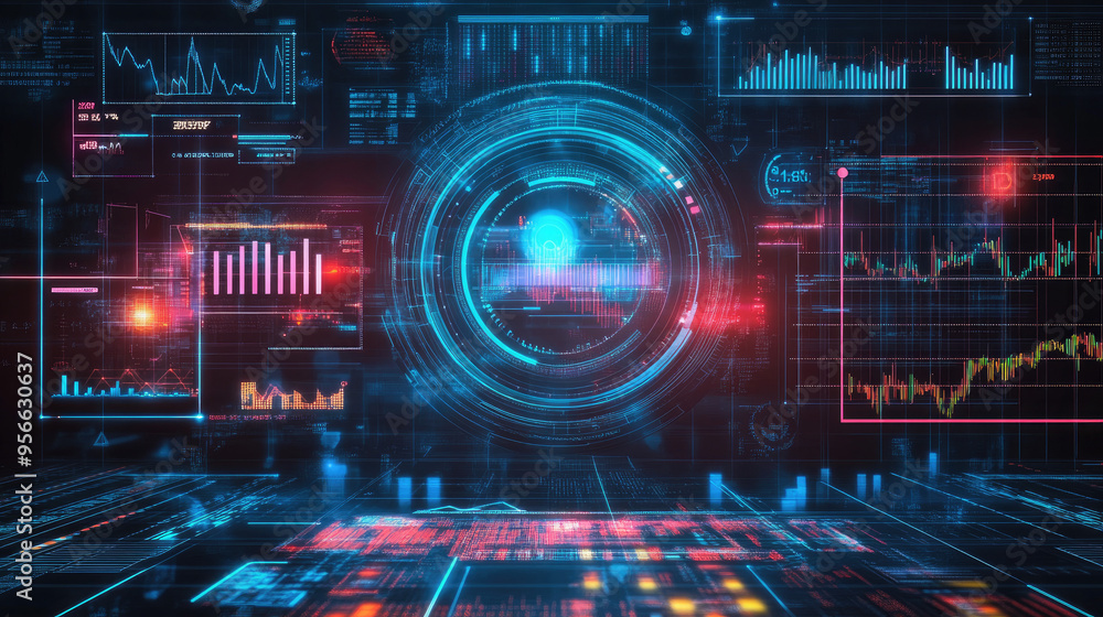 Poster futuristic concept of business process automation with graphs for monitoring distribution and consum