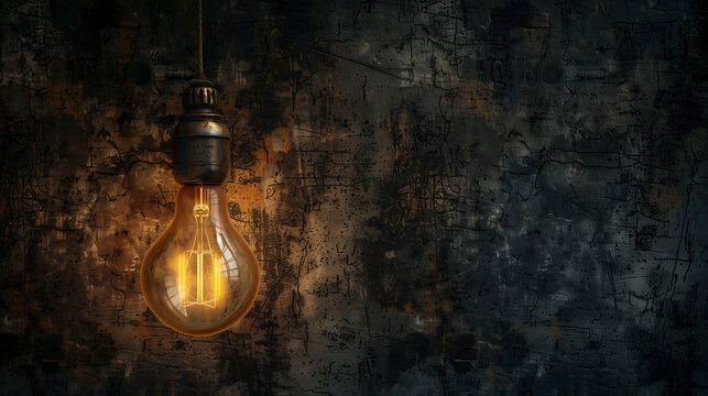 Vintage light bulb with glowing filament against a rustic textured wall