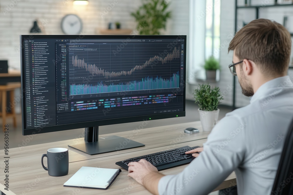 Fototapete With intense focus, an expert studies complex data on a large monitor at a neatly organized desk, surrounded by essential tools. Generative AI