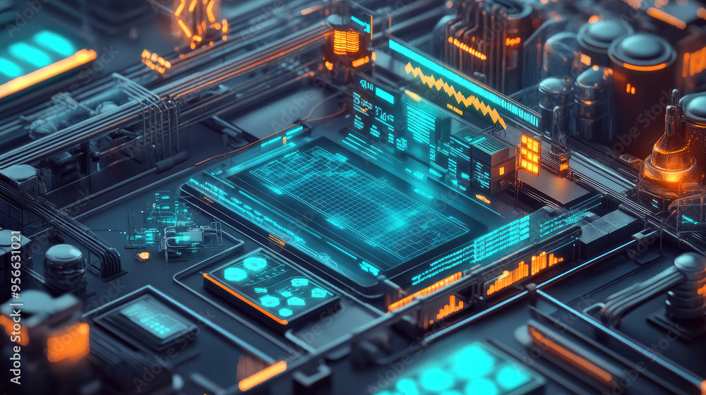 Poster futuristic illustration of business automation featuring detailed graphs for distribution and consum