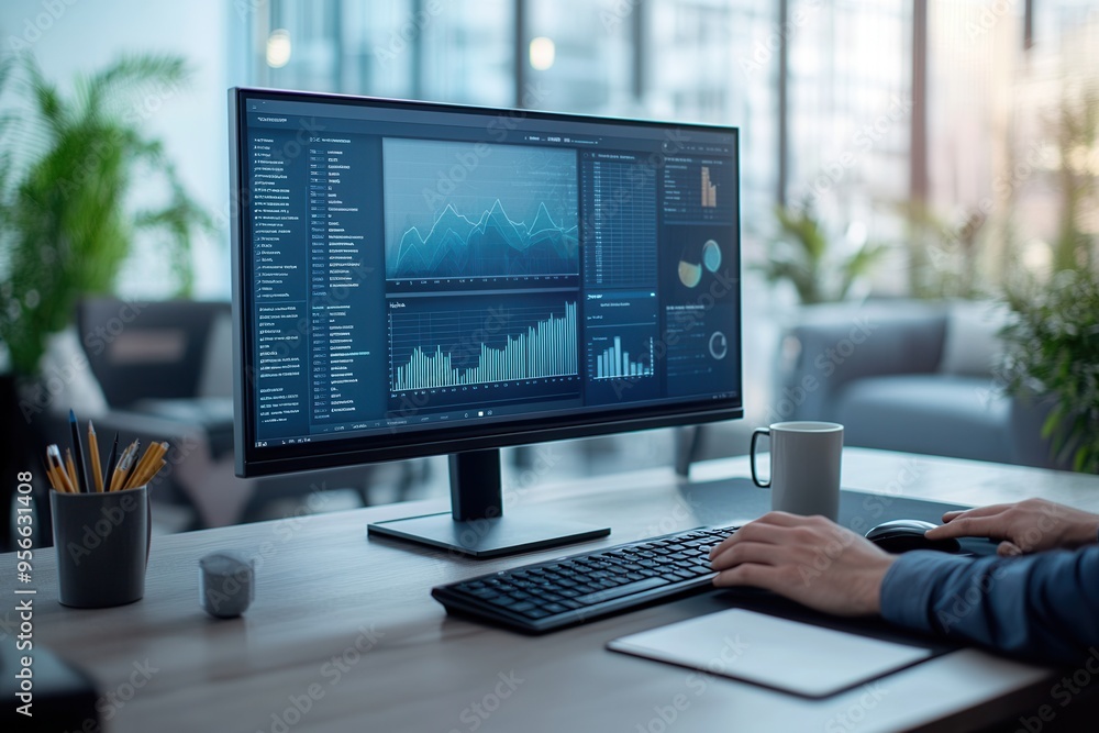 Aufkleber An expert focuses intently on a large monitor, analyzing intricate data while seated at a neatly organized desk in a contemporary office. Generative AI