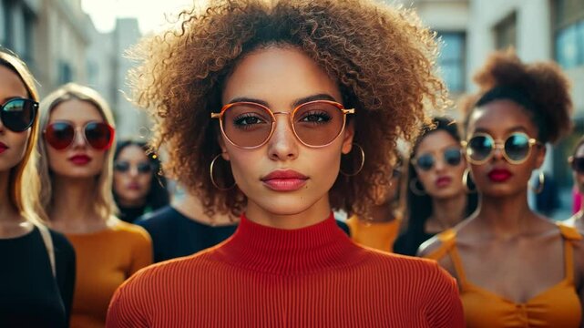 A mixed group of women, all different shapes and sizes, confidently modeling fashion on a city street, showcasing beauty and style in diversity.