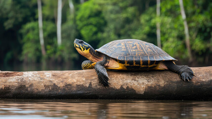 Obraz premium Giant river turtle basking on a log in the Amazon, its shell blending with the natural surroundings