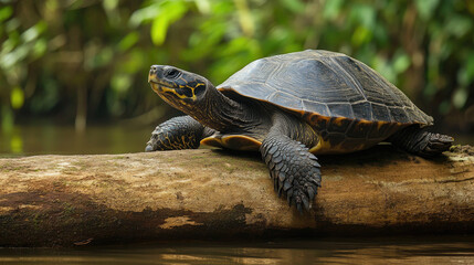 Fototapeta premium Giant river turtle basking on a log in the Amazon, its shell blending with the natural surroundings