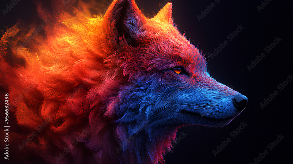 Poster wolf, the head of a wolf in a multi-colored flame. Abstract multicolored profile portrait of a wolf head on a black background