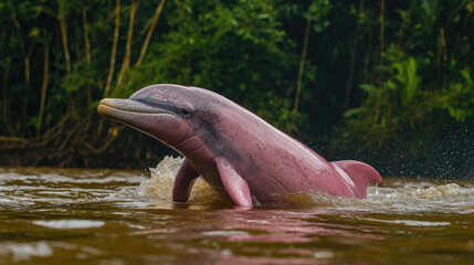 Fototapeta premium Graceful pink river dolphin emerging from the waters of the Amazon river, surrounded by lush vegetation