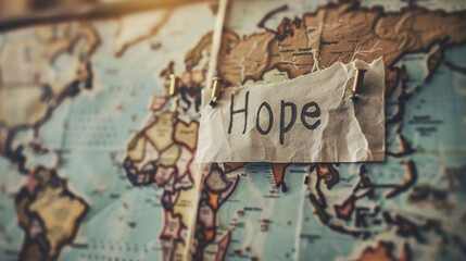 Medium close-up of a piece of paper with the word "Hope" written on it, pinned to a vision board.
