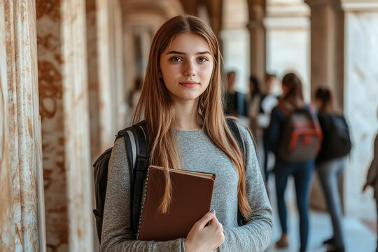Young female student walking with mobile phone and books in a corridor, peers in the background, depicting modern education and technology integration in a high-resolution shot.