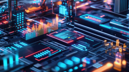 Obraz premium High-tech digital illustration of business process automation with graphs focused on distribution and consumption analysis