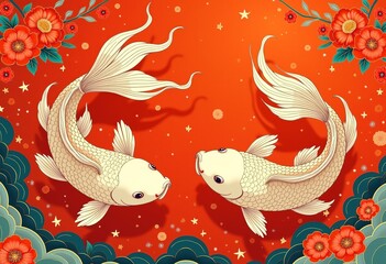 Supersized Goldfish Painting: Chinese Art with Detailed Scales and Flowing Fins, Set Against a Red Background with Swirling Water Patterns. 