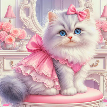 かわいいペルシャ猫がピンクドレスを着て薔薇に囲まれたロココプリンセスドレッサーのスツールに座っているイラスト