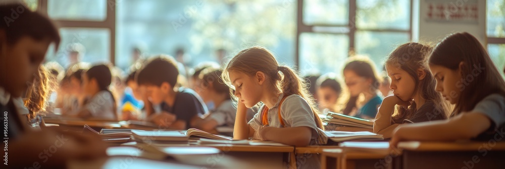 Aufkleber Students sit in a crowded classroom, focusing on studies while surrounded by old books and limited school supplies, yearning for knowledge. Generative AI