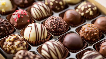 Fototapeta premium assortment of chocolate truffles in a decorative box, each one topped with a different garnish
