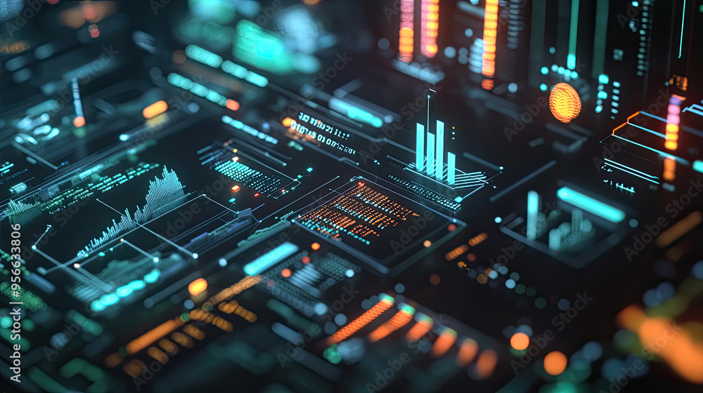 Poster high-tech visualization of business automation processes with digital graphs for distribution and co