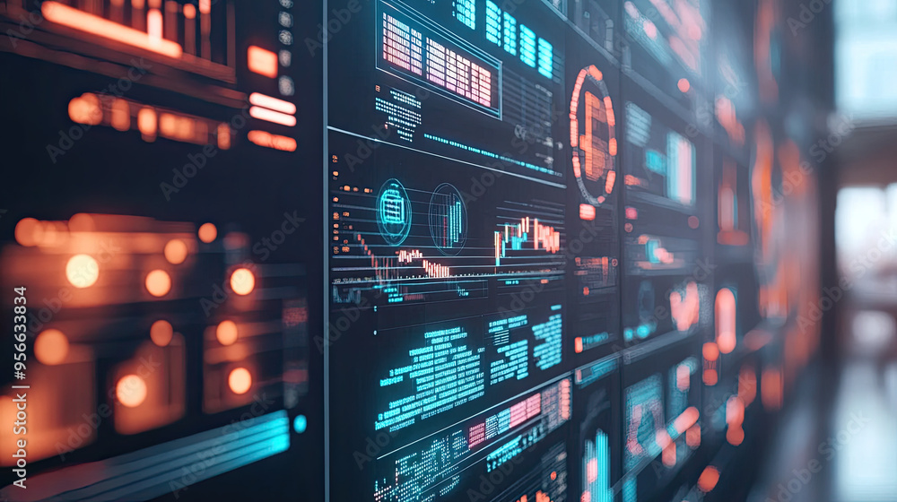 Poster high-tech visualization of business automation processes with digital graphs for distribution and co