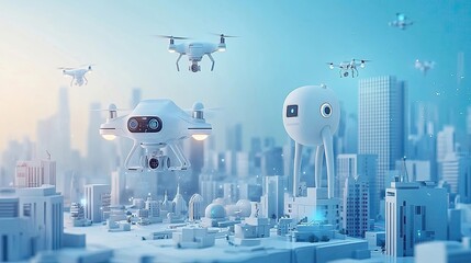 Futuristic Drones and Robots Over Modern Cityscape