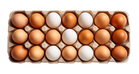 Top view of a collection of egg cartons, each filled with eggs.