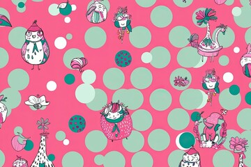 Electric Pink and Mint Green Halftone Background with Whimsical Illustrations and Playful Designs