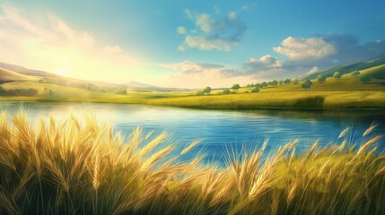 Fototapeta premium Golden wheat field with blue lake and rolling hills under a sunny sky.