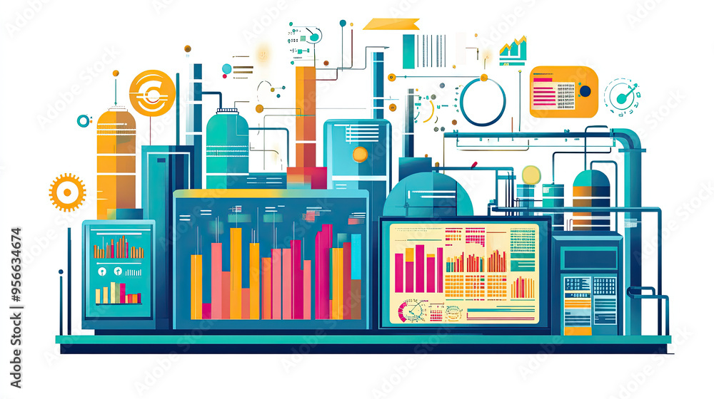 Poster illustration of advanced business process automation with modern graphs for monitoring distribution 