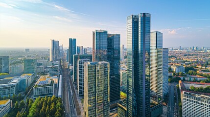 Fototapeta premium Aerial view of modern skyscrapers and cityscape under a clear sky.