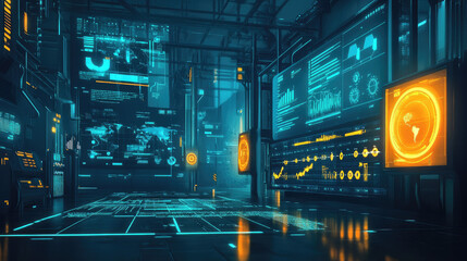 Illustration of a high-tech environment displaying graphs for distribution analysis and automated consumption monitoring