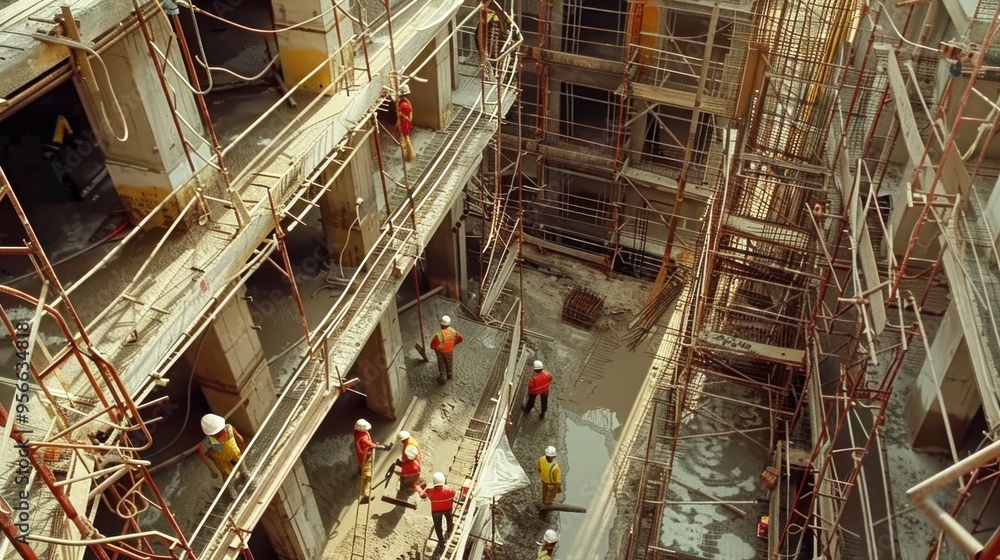 Poster a detailed shot of concrete being poured into forms on the upper floors of a skyscraper, with scaffo