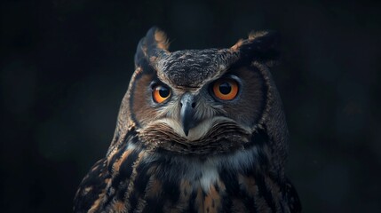 Obraz premium Close-up portrait of owl with intense orange eyes.