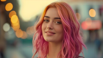 Obraz premium Woman with colorful hair in city at dusk.