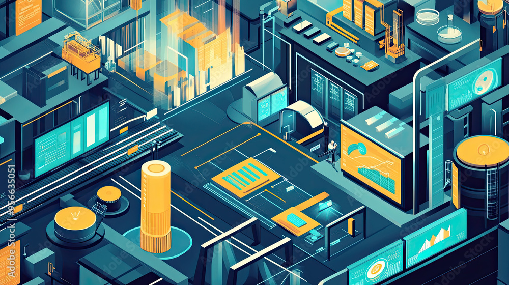 Poster illustration of business process automation in a high-tech setting, featuring graphs for analyzing d
