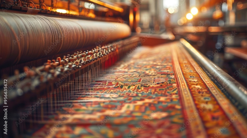 Poster a detailed view of a jacquard loom with intricate thread patterns being woven, emphasizing the craft