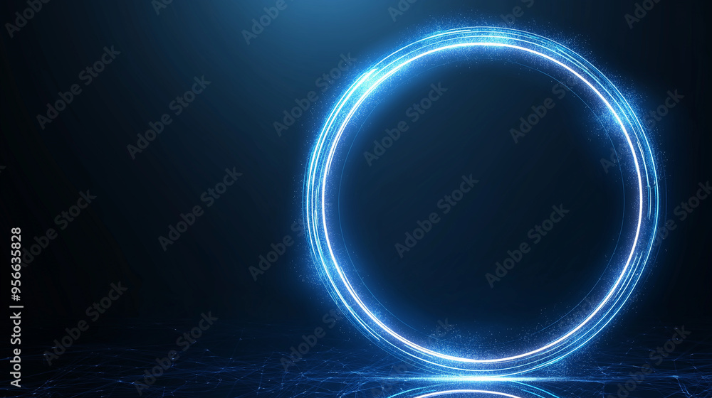 Poster template for text : blue neon glowing glare circle with rays. frame isolated on black background