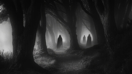 A chilling depiction of a fog-laden forest path with spectral figures partially hidden among the trees.